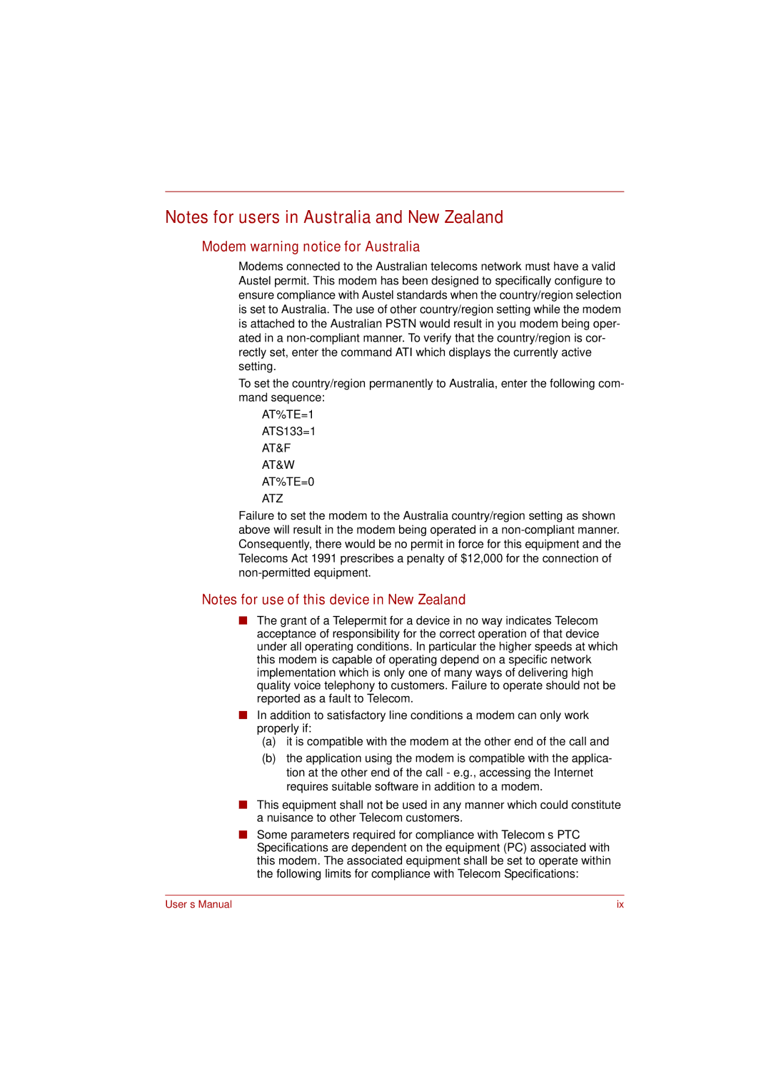 Toshiba Satellite user manual Modem warning notice for Australia, AT&F AT&W AT%TE=0 ATZ 