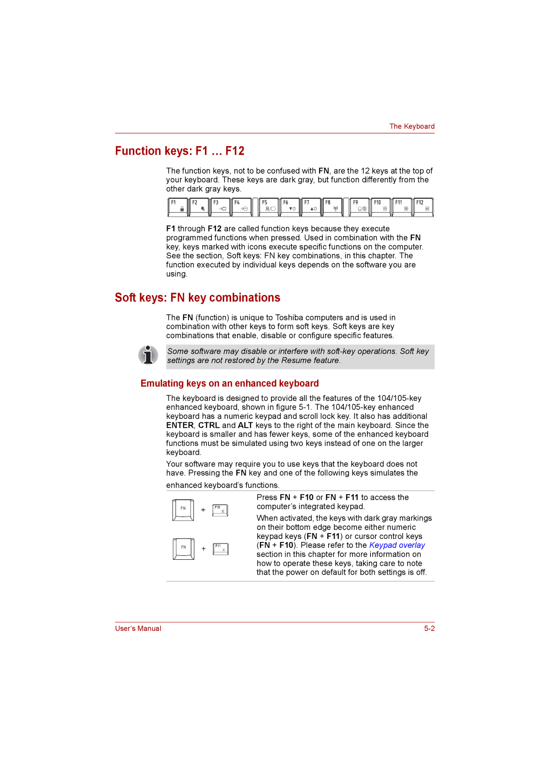 Toshiba Satellite user manual Function keys F1 … F12, Soft keys FN key combinations, Emulating keys on an enhanced keyboard 