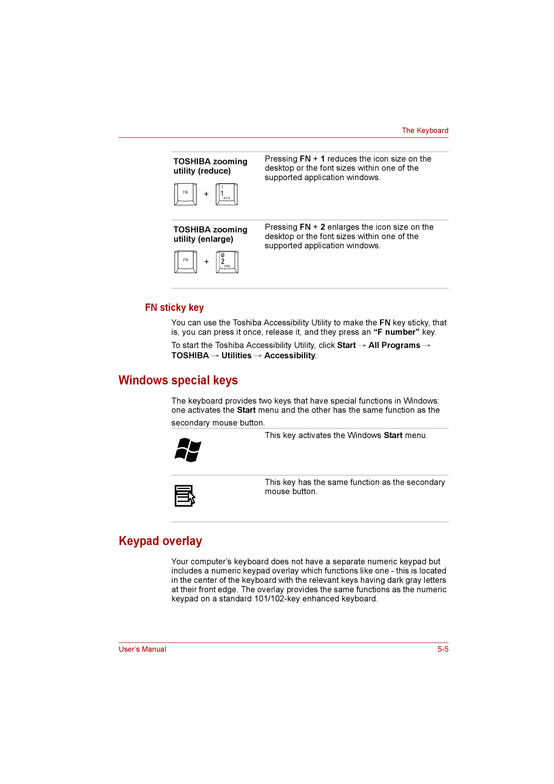 Toshiba Satellite user manual Windows special keys, Keypad overlay, FN sticky key 