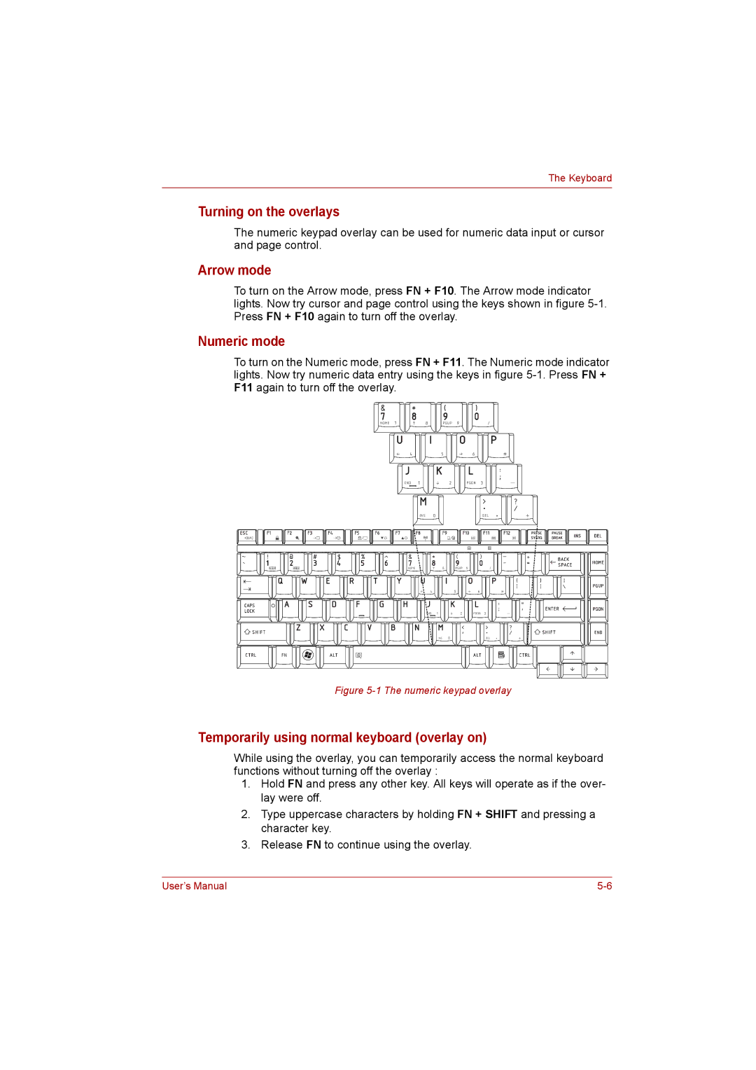 Toshiba Satellite Turning on the overlays, Arrow mode, Numeric mode, Temporarily using normal keyboard overlay on 