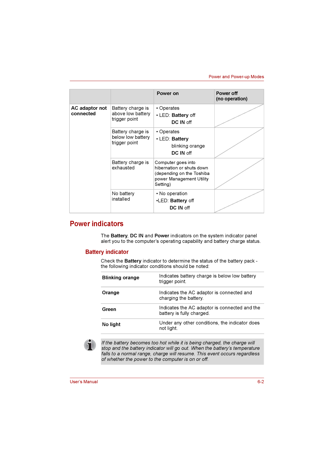 Toshiba Satellite user manual Power indicators, Battery indicator 