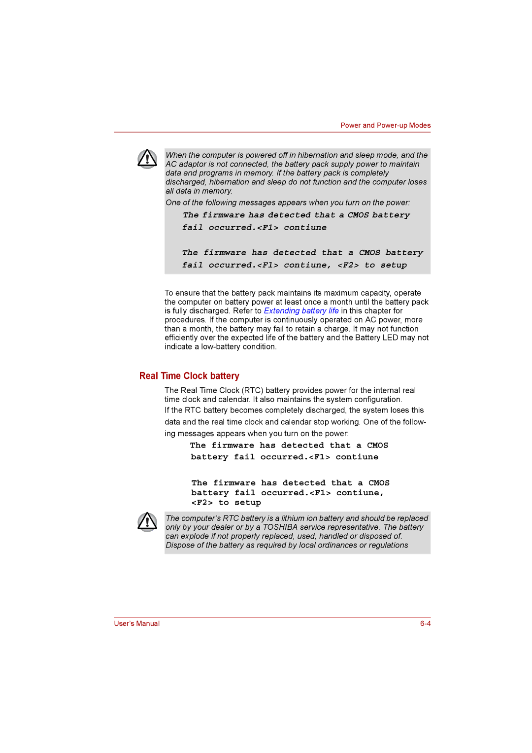 Toshiba Satellite user manual Real Time Clock battery 