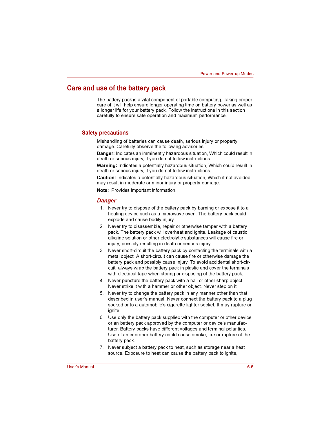 Toshiba Satellite user manual Care and use of the battery pack, Safety precautions 