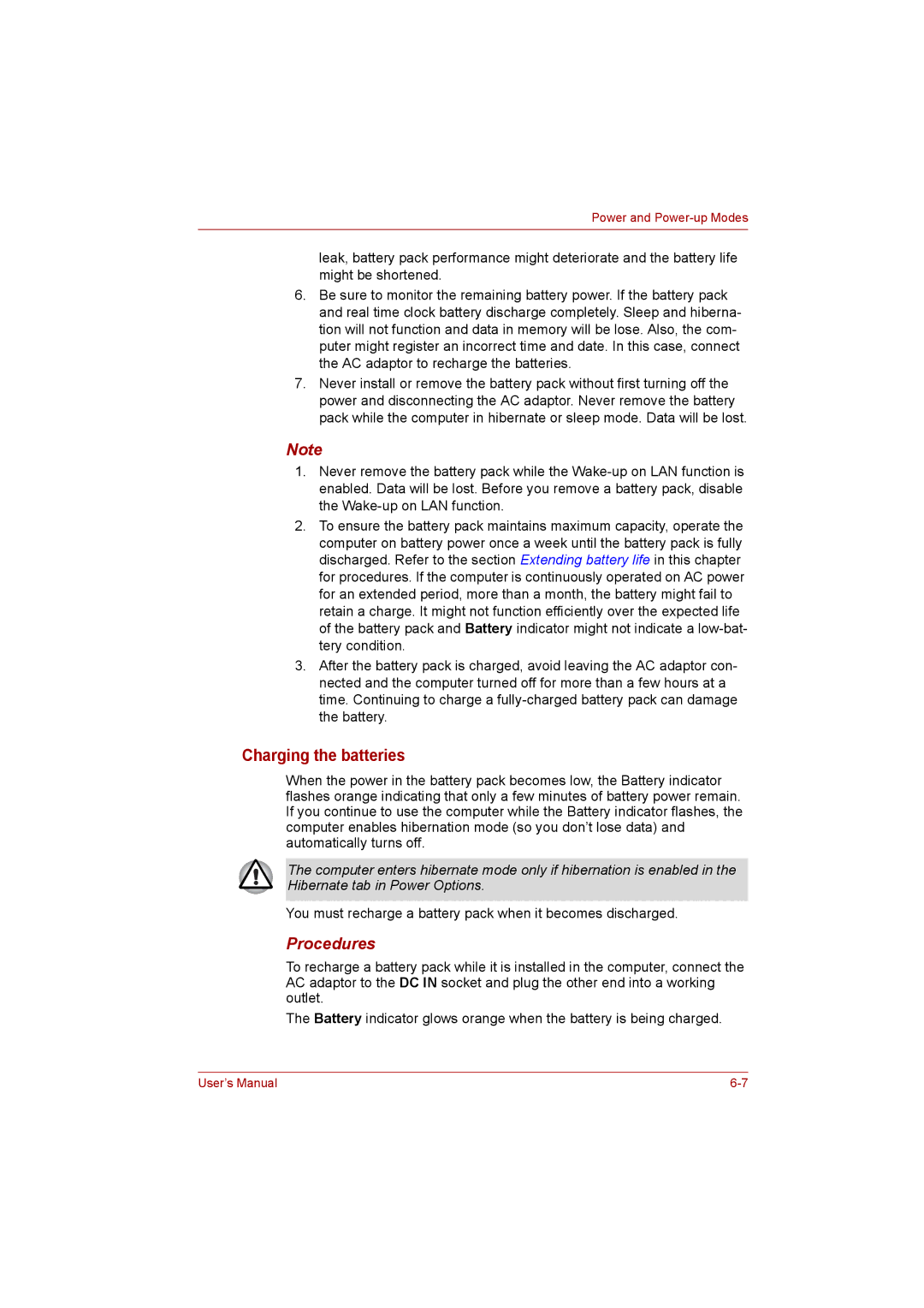 Toshiba Satellite user manual Charging the batteries, Procedures 