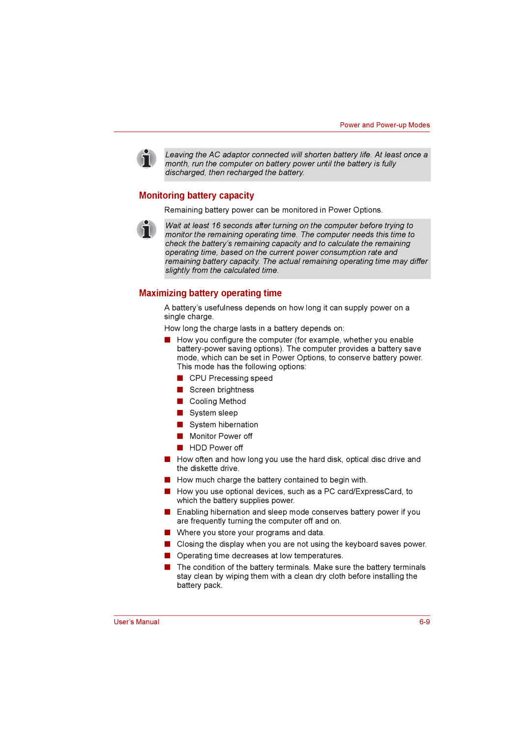 Toshiba Satellite user manual Monitoring battery capacity, Maximizing battery operating time 