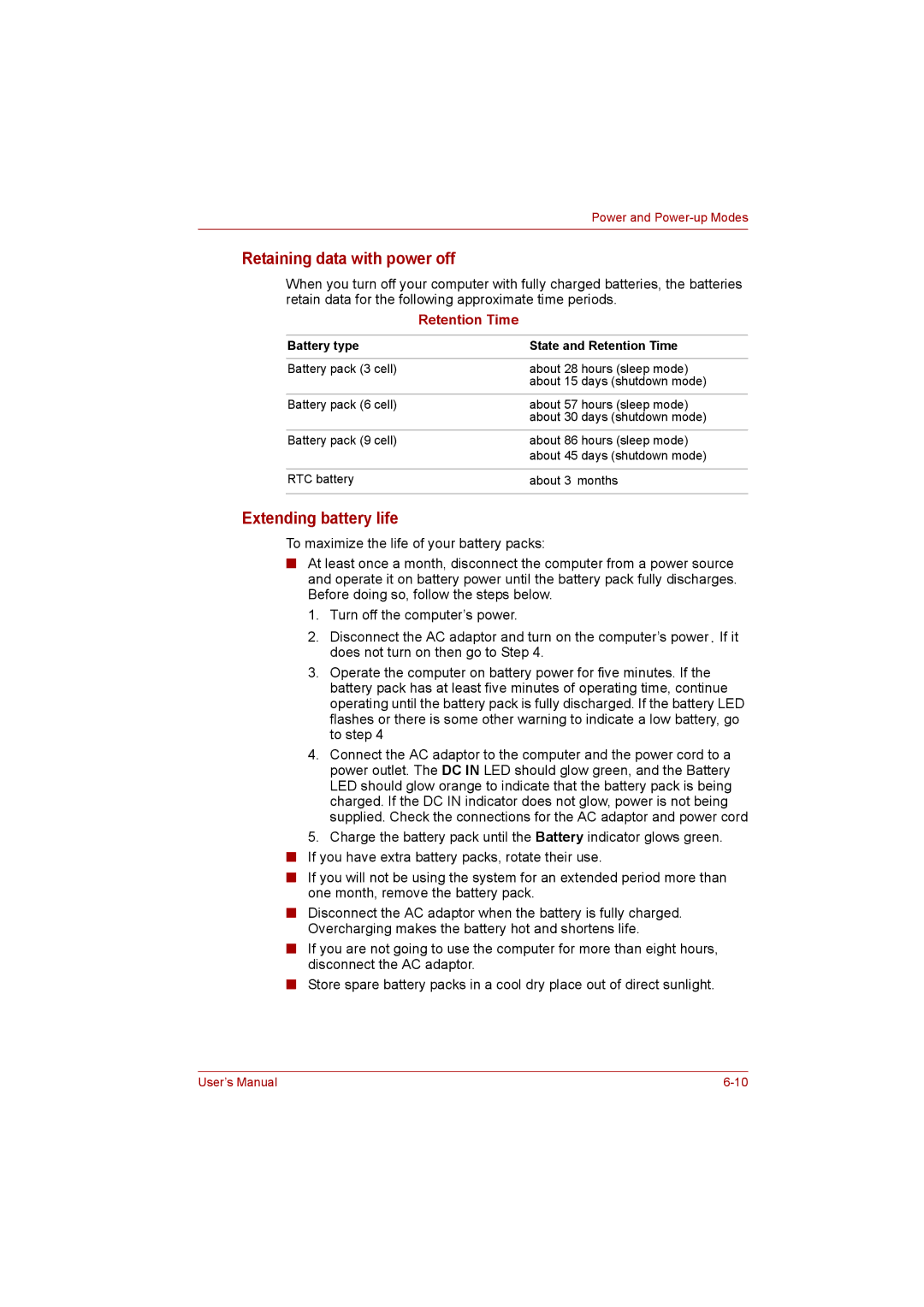 Toshiba Satellite user manual Retaining data with power off, Extending battery life 