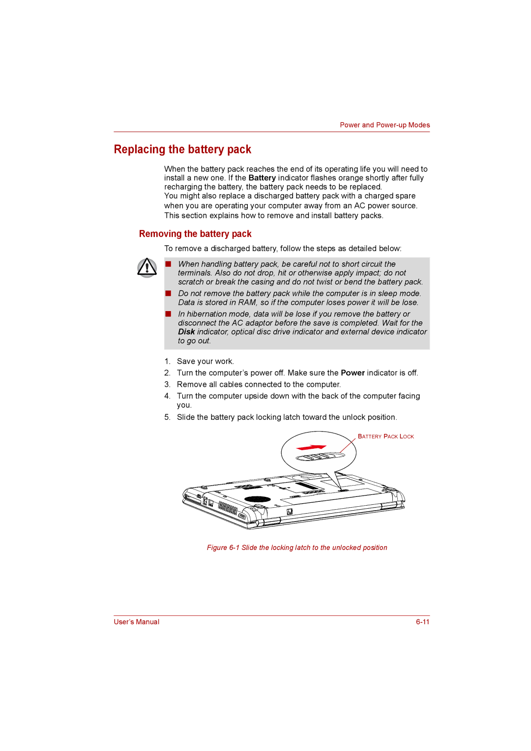 Toshiba Satellite user manual Replacing the battery pack, Removing the battery pack 