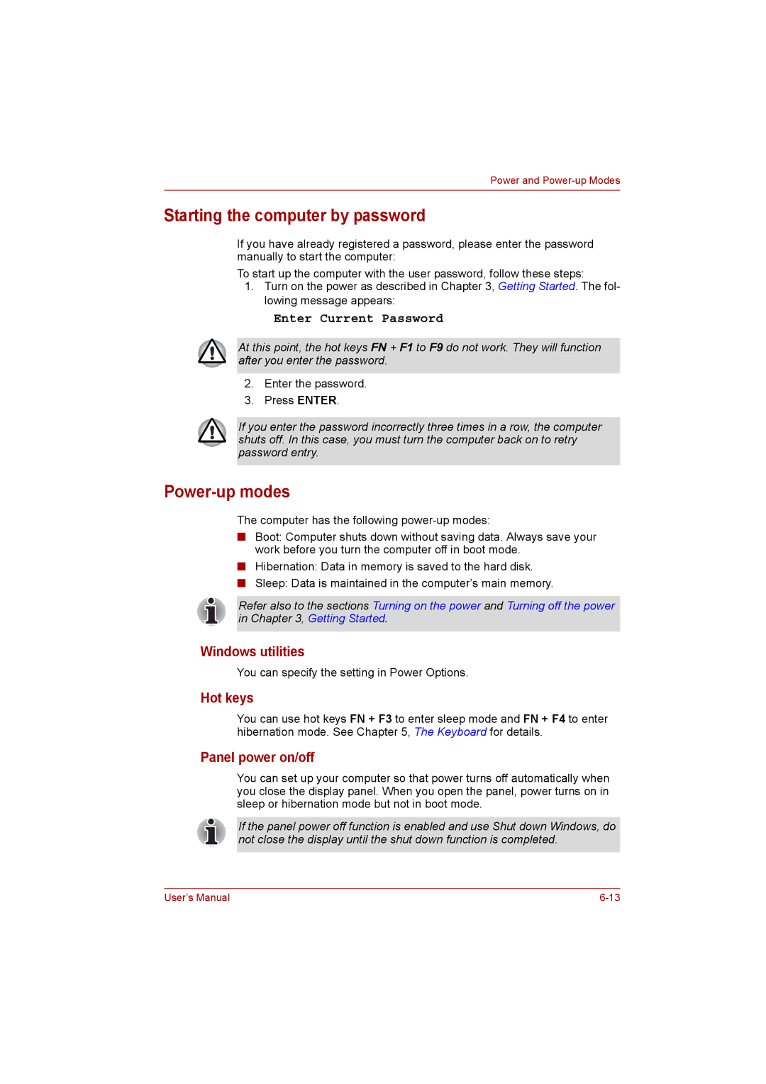 Toshiba Satellite user manual Starting the computer by password, Power-up modes, Windows utilities, Panel power on/off 