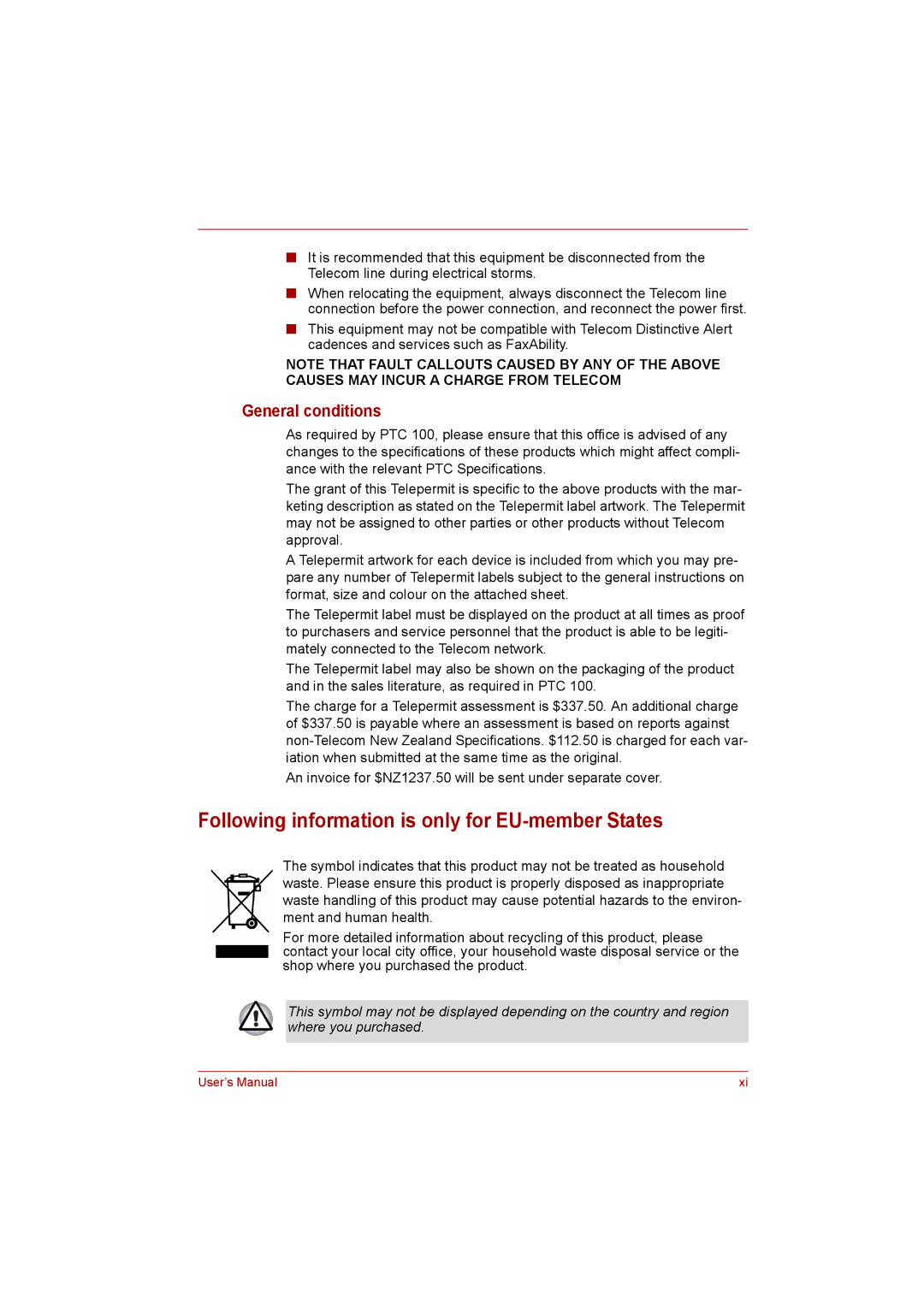 Toshiba Satellite user manual Following information is only for EU-member States, General conditions 