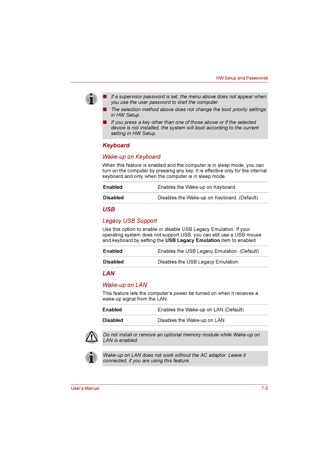 Toshiba Satellite user manual Keyboard, Enabled, Disabled 