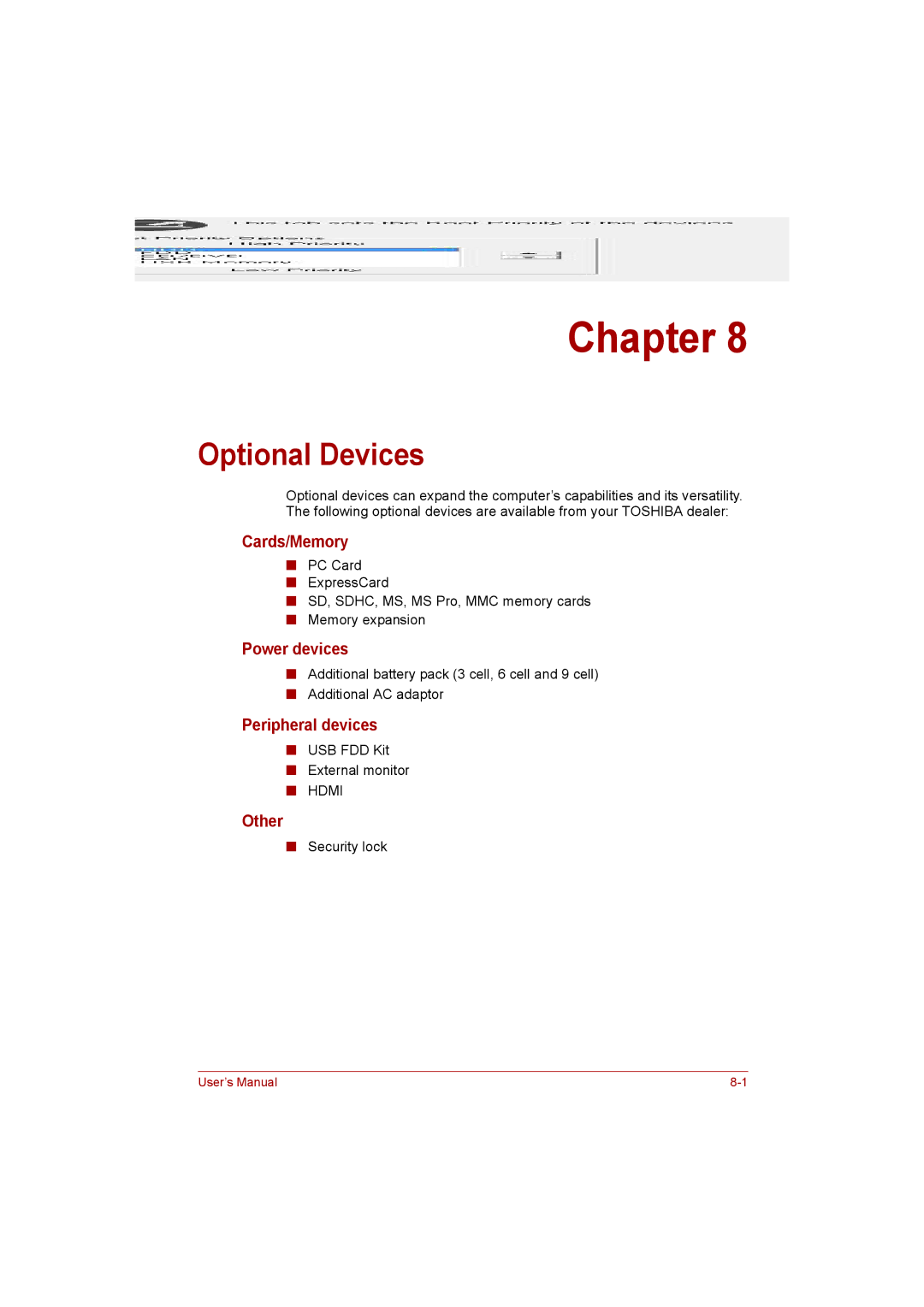 Toshiba Satellite user manual Optional Devices, Cards/Memory, Power devices, Peripheral devices, Other 