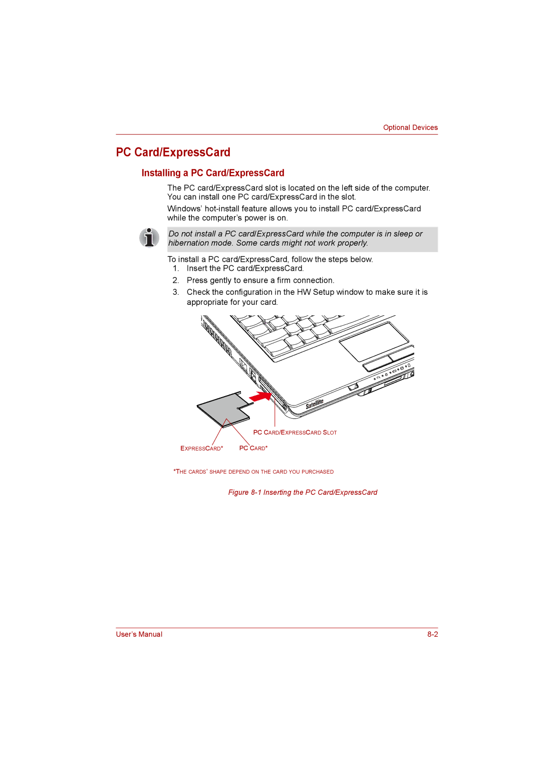 Toshiba Satellite user manual Installing a PC Card/ExpressCard 