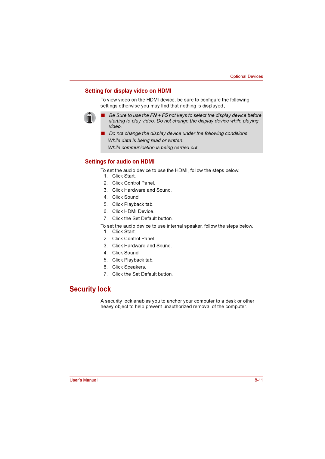 Toshiba Satellite user manual Security lock, Setting for display video on Hdmi, Settings for audio on Hdmi 