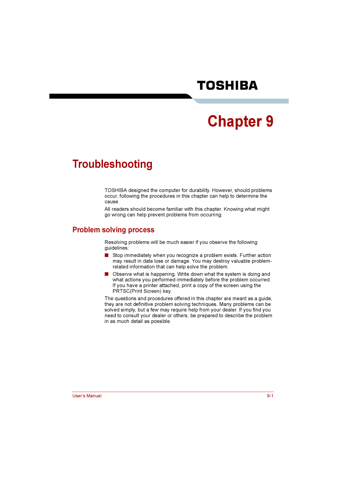 Toshiba Satellite user manual Troubleshooting, Problem solving process 