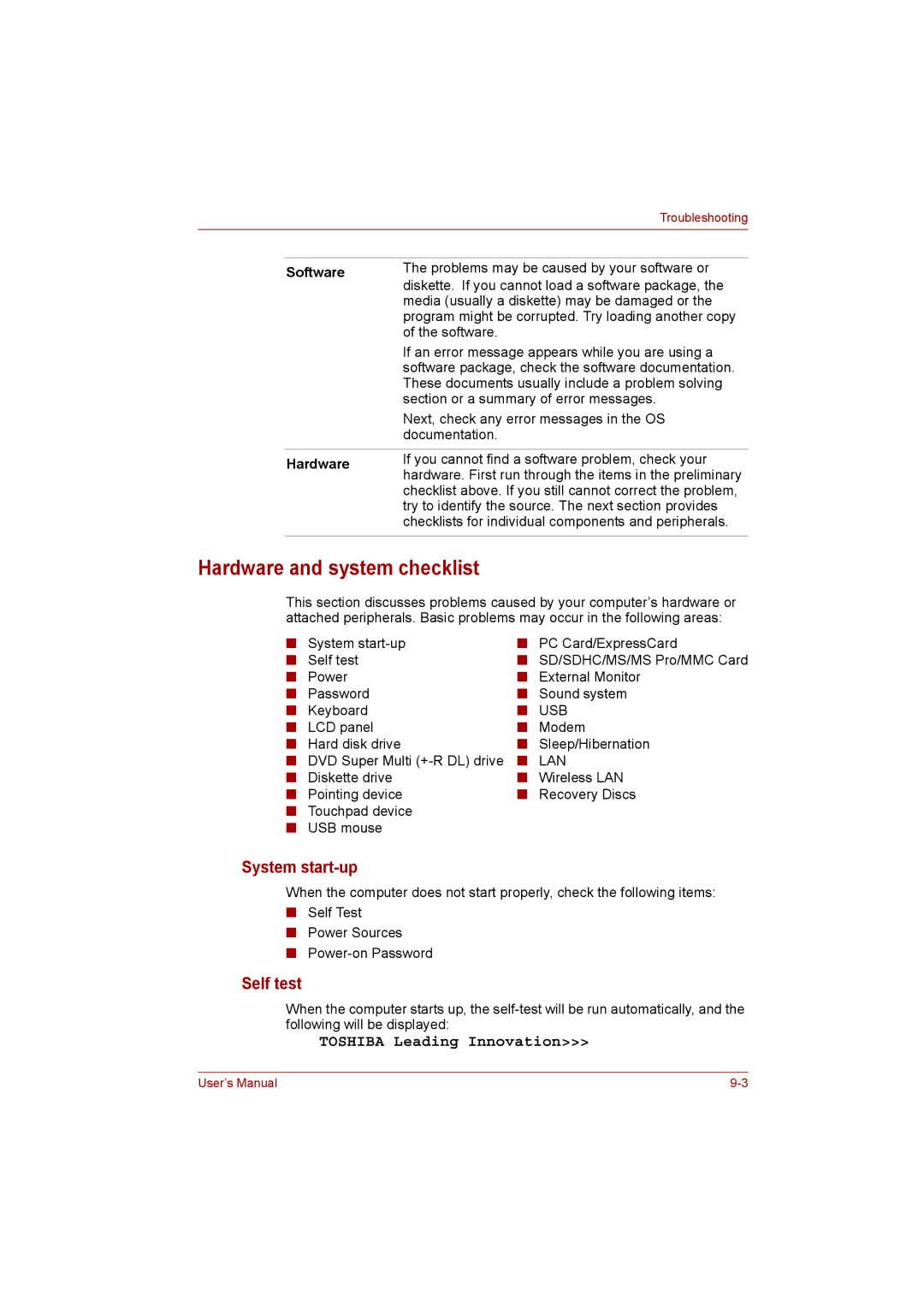 Toshiba Satellite user manual Hardware and system checklist, System start-up, Self test, Software 