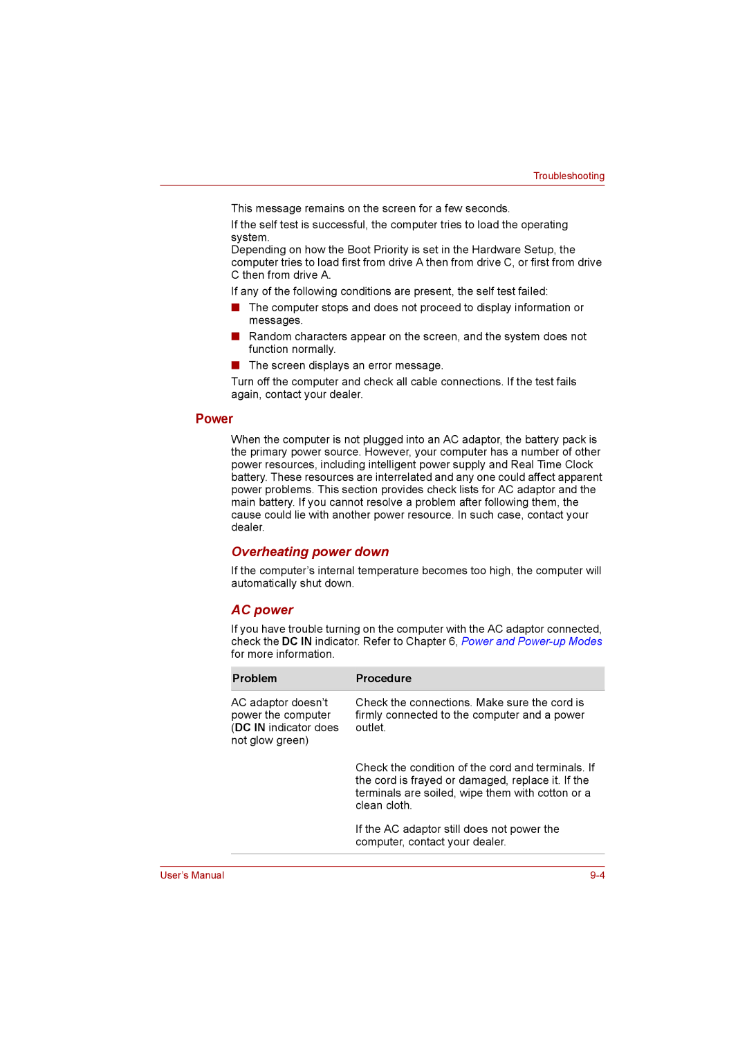 Toshiba Satellite user manual Overheating power down, AC power, Problem Procedure 