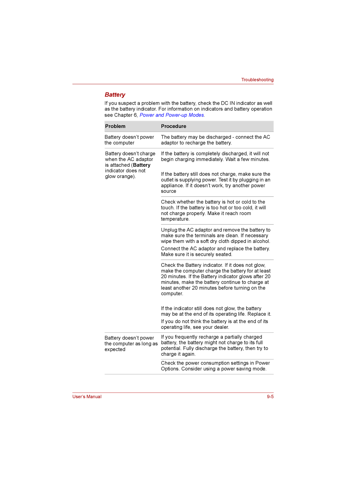 Toshiba Satellite user manual Battery 