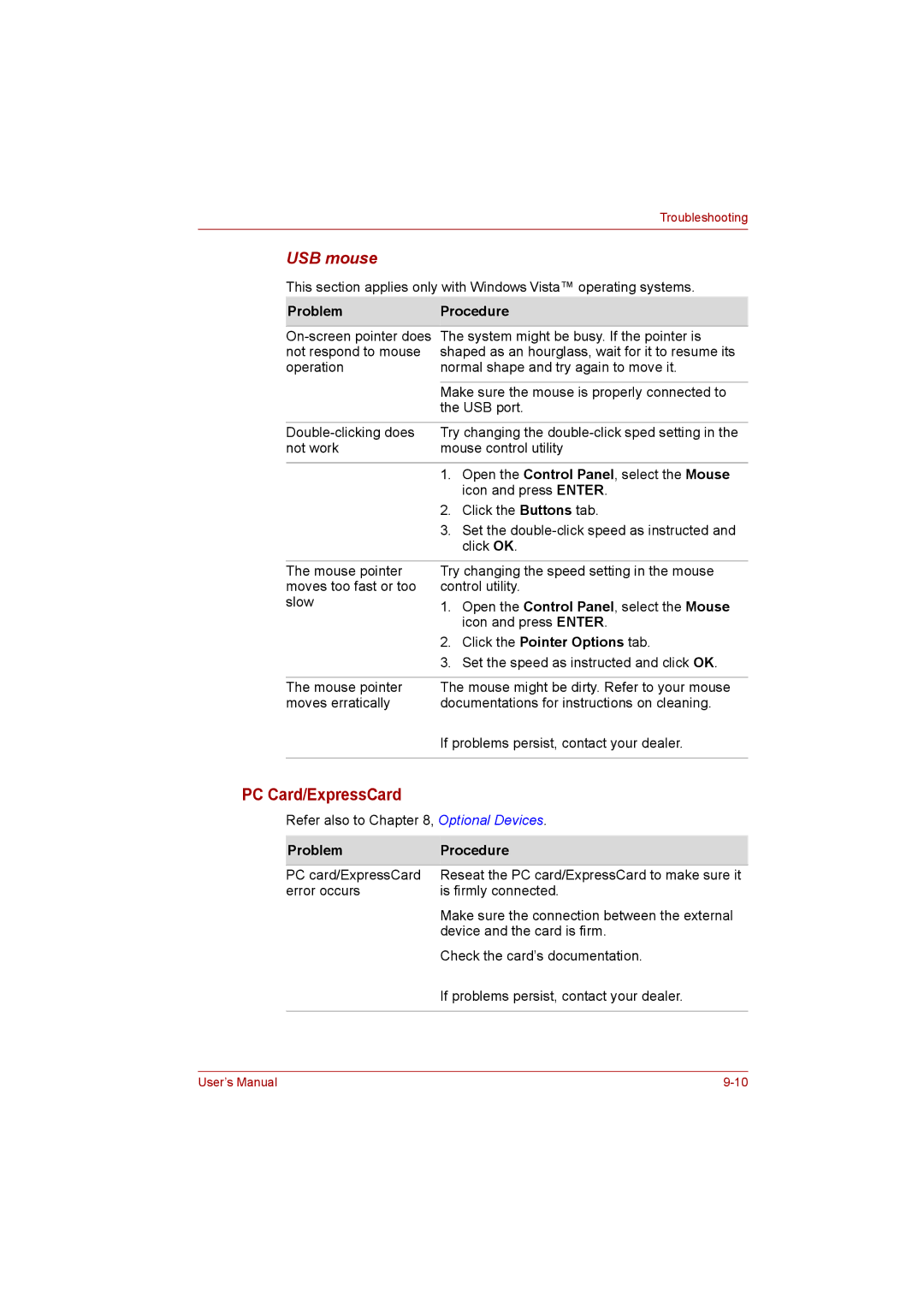 Toshiba Satellite user manual PC Card/ExpressCard, USB mouse, Click the Pointer Options tab 