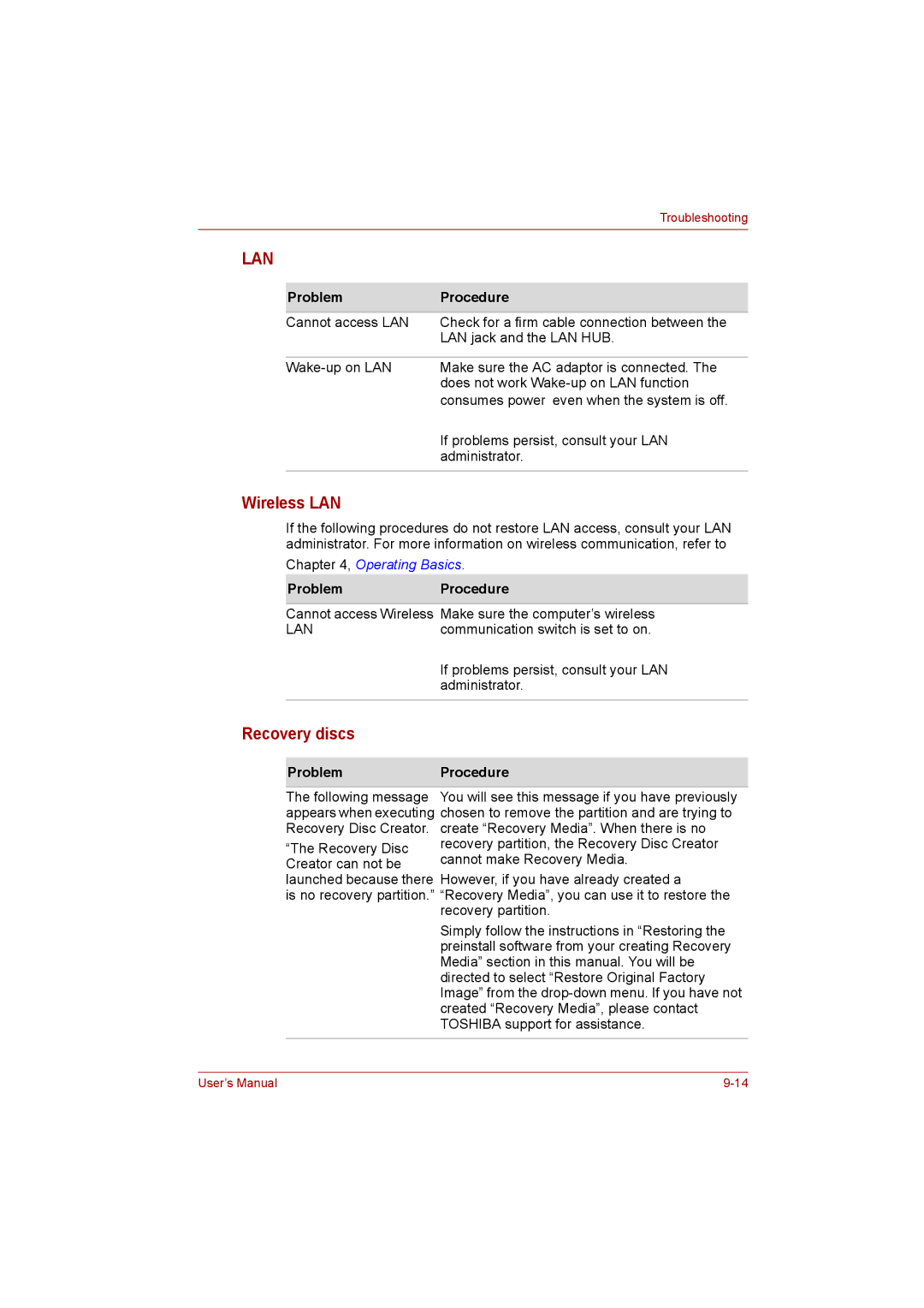 Toshiba Satellite user manual Lan, Recovery discs 