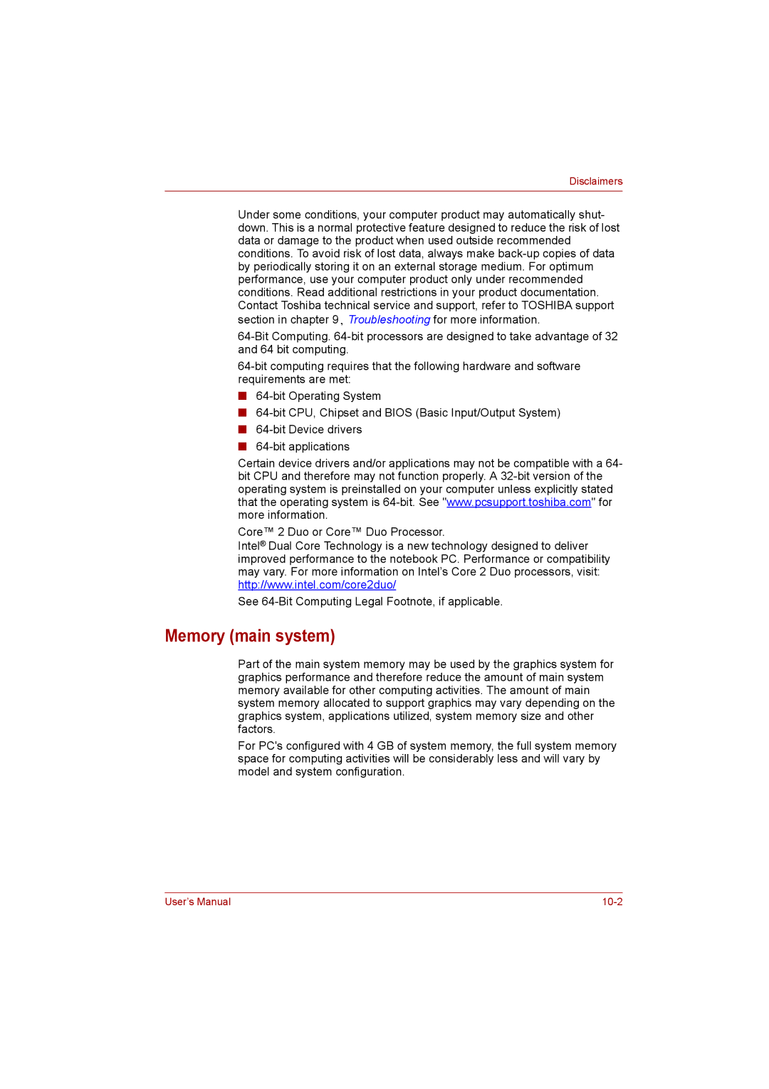 Toshiba Satellite user manual Memory main system, Disclaimers 