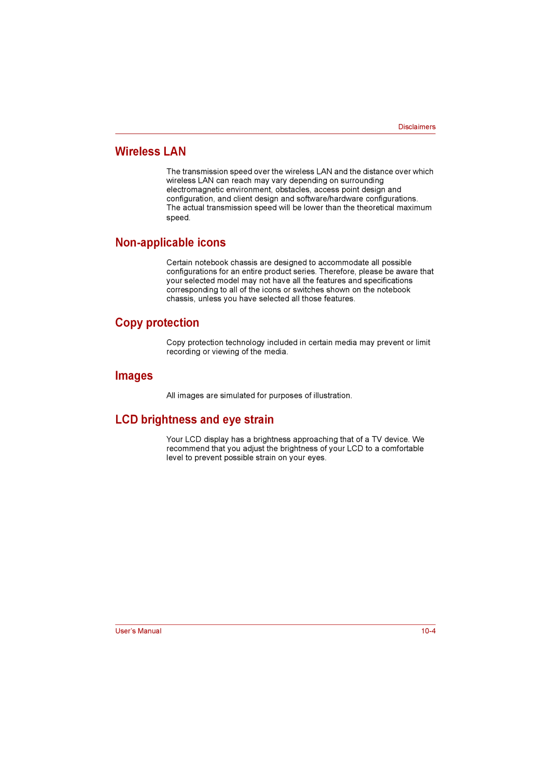 Toshiba Satellite user manual Wireless LAN, Non-applicable icons, Copy protection, Images, LCD brightness and eye strain 