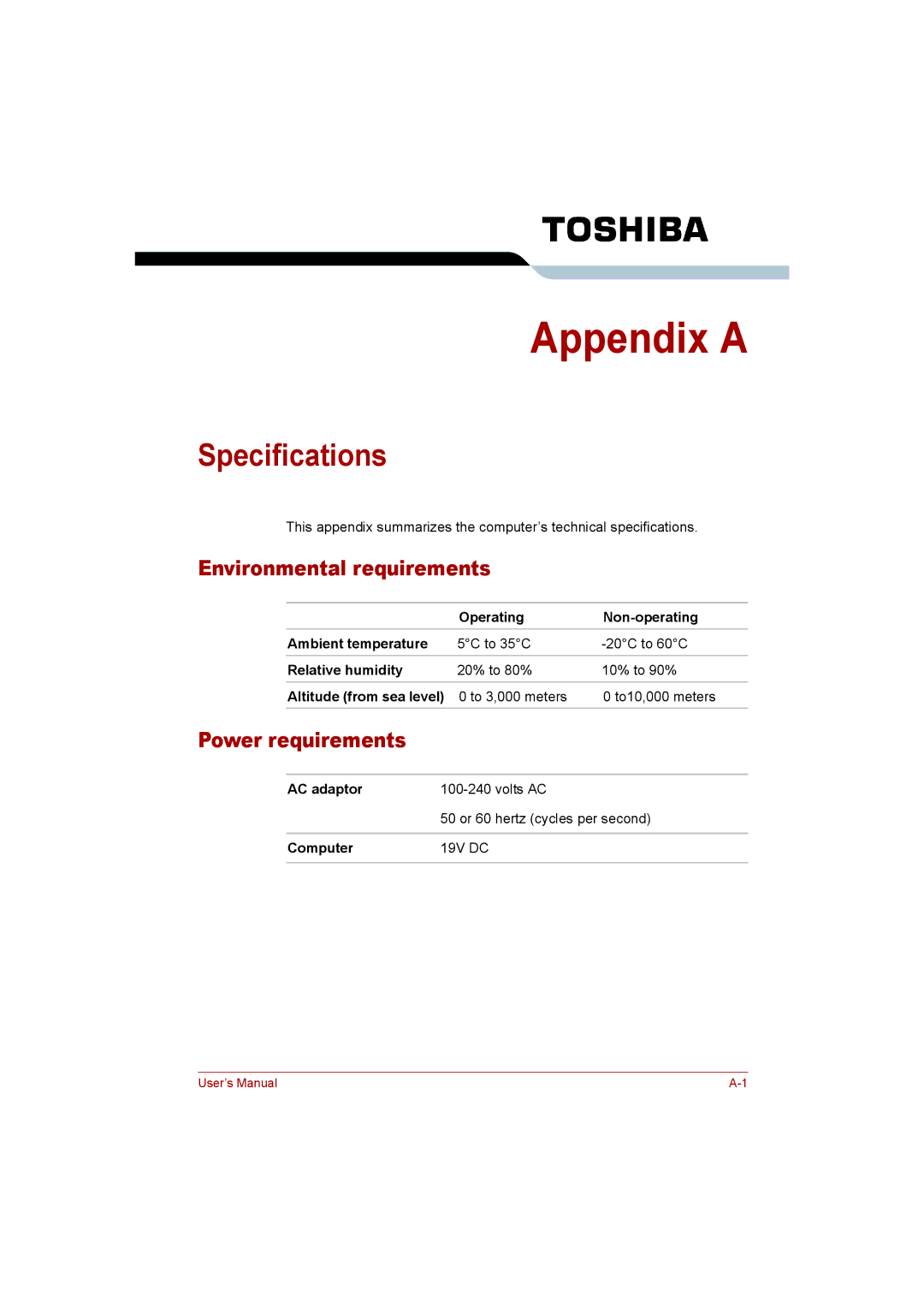 Toshiba Satellite user manual Specifications, Environmental requirements, Power requirements 