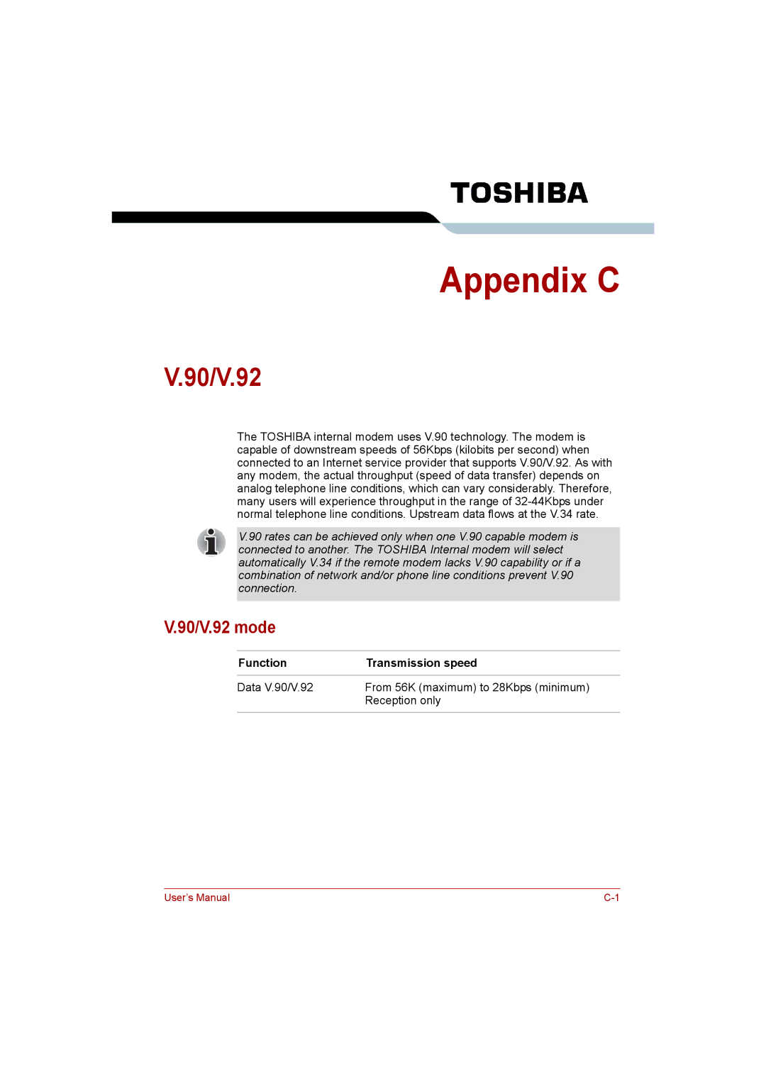 Toshiba Satellite user manual 90/V.92 mode, Function Transmission speed 