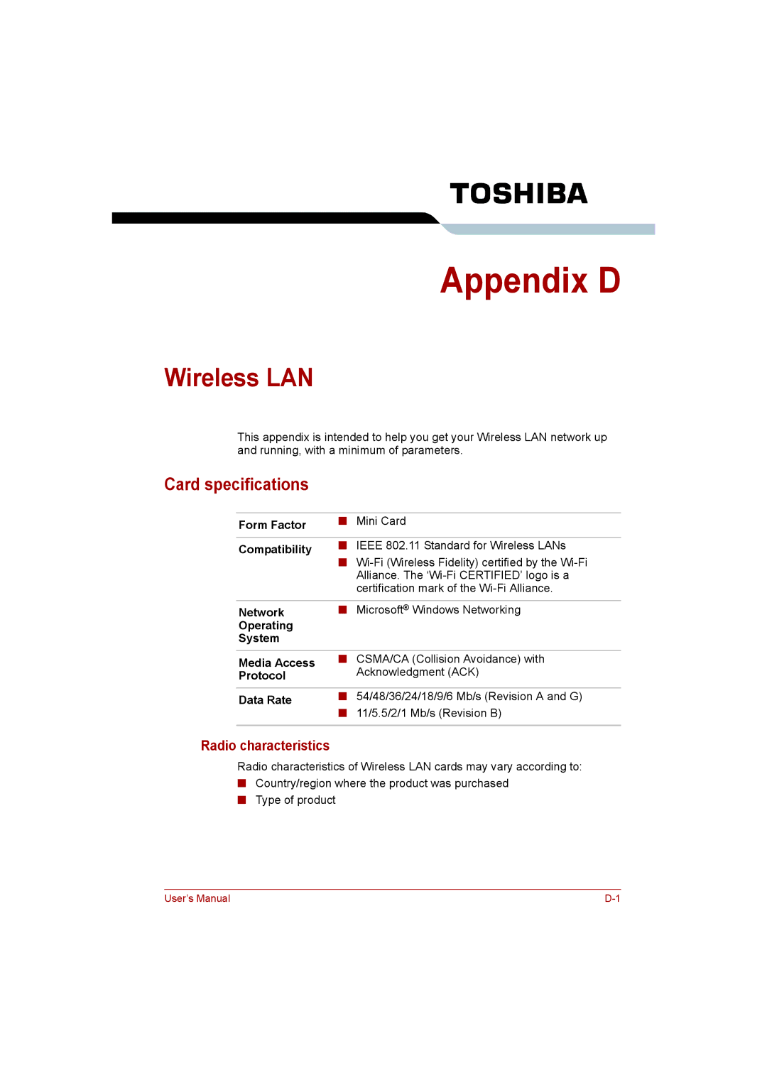 Toshiba Satellite user manual Wireless LAN, Card specifications, Radio characteristics 