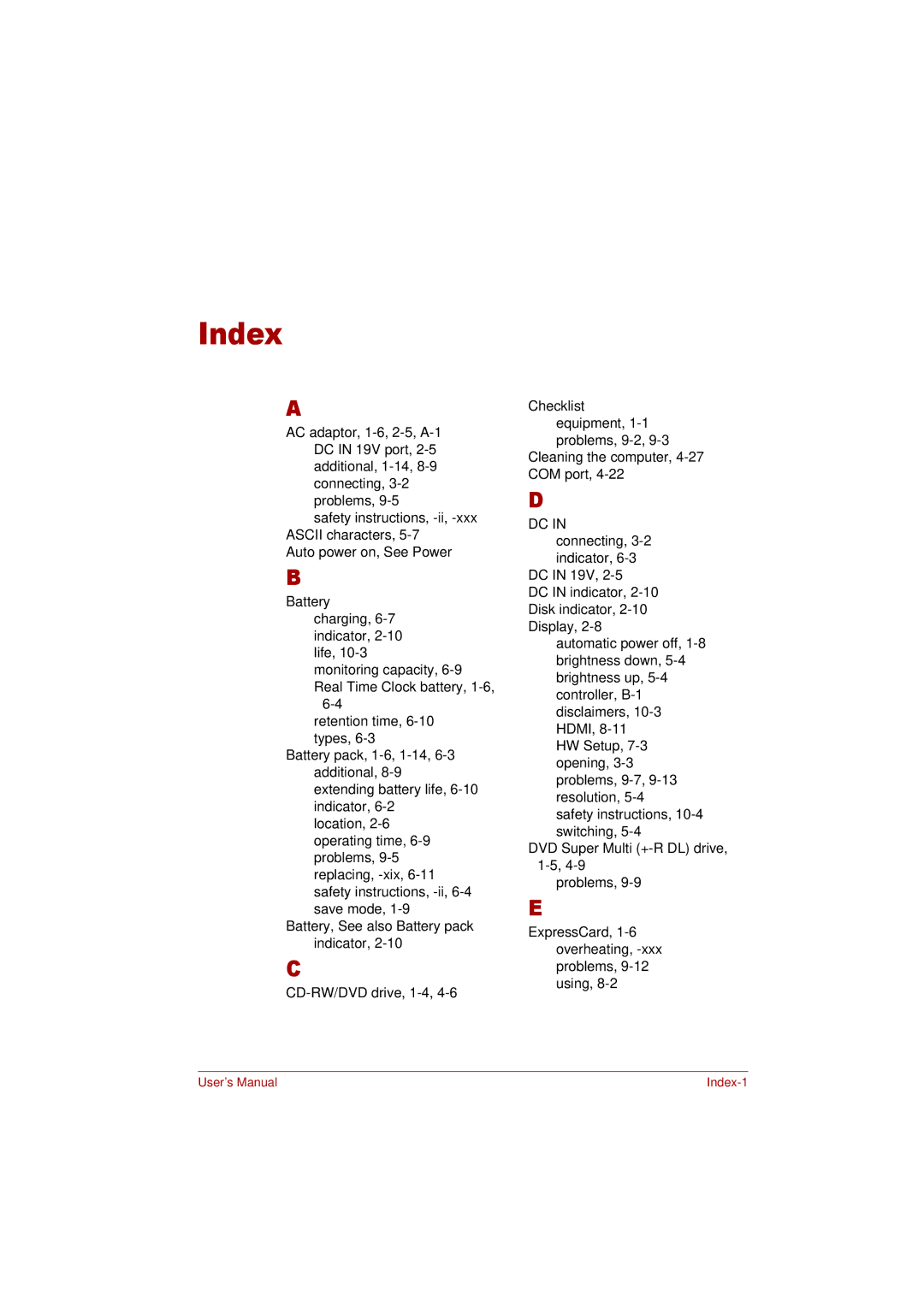 Toshiba Satellite user manual Index 