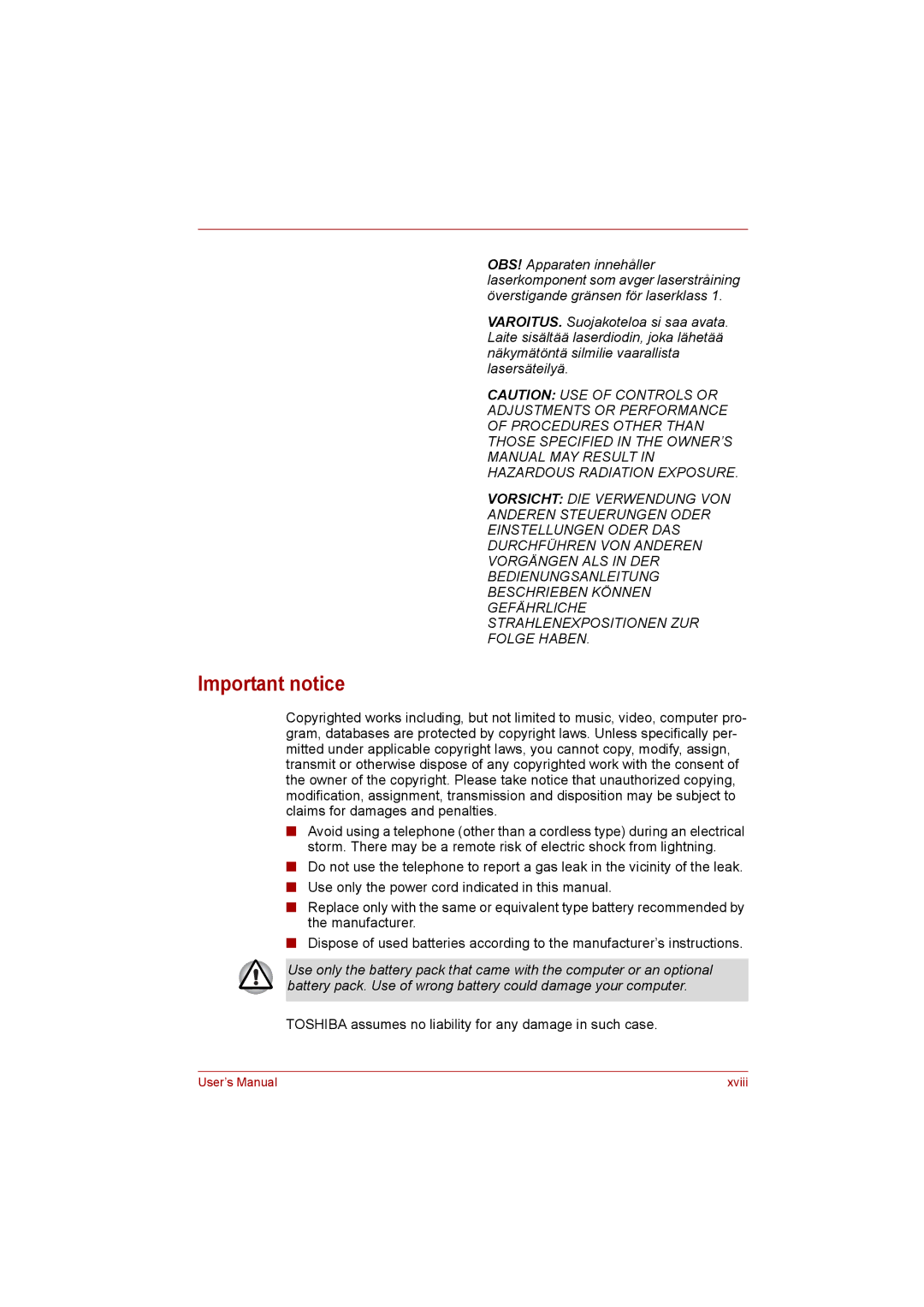 Toshiba Satellite user manual Important notice 