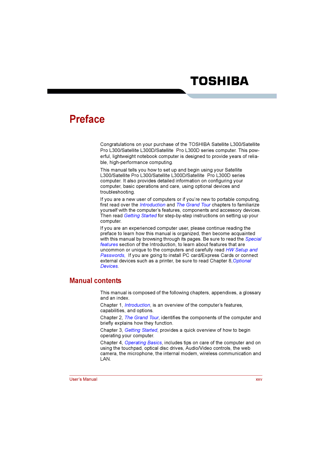 Toshiba Satellite user manual Preface, Manual contents 