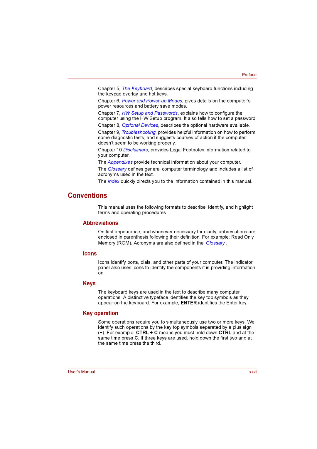 Toshiba Satellite user manual Conventions, Abbreviations, Icons, Keys, Key operation 