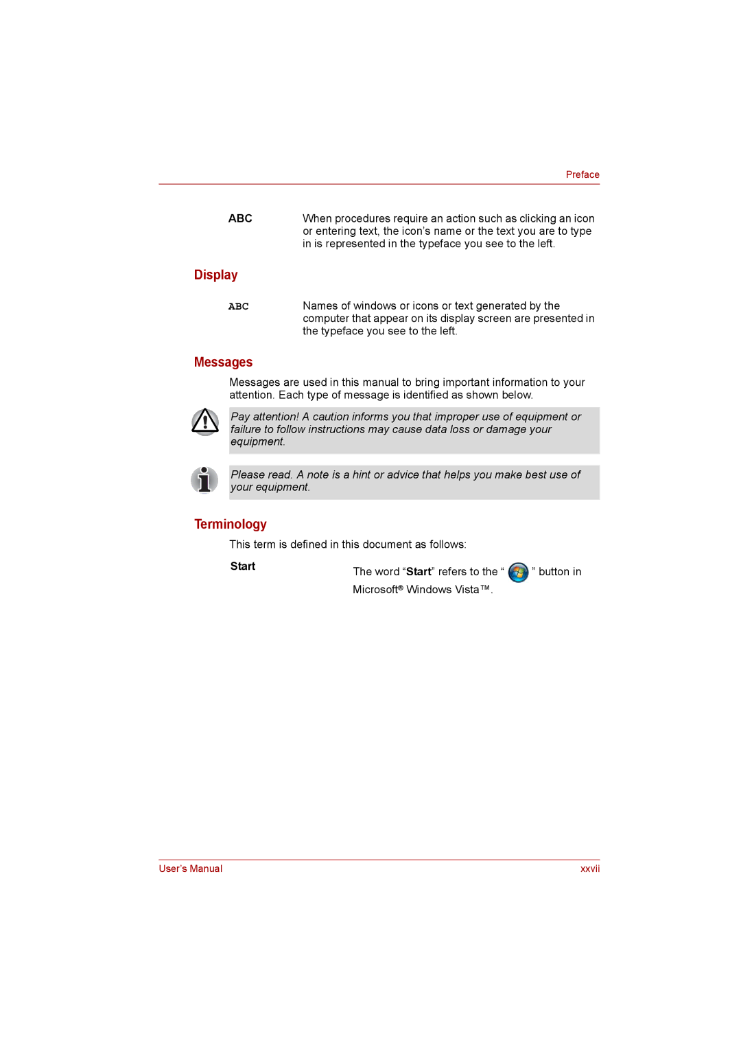 Toshiba Satellite user manual Display, Messages, Terminology, Start 