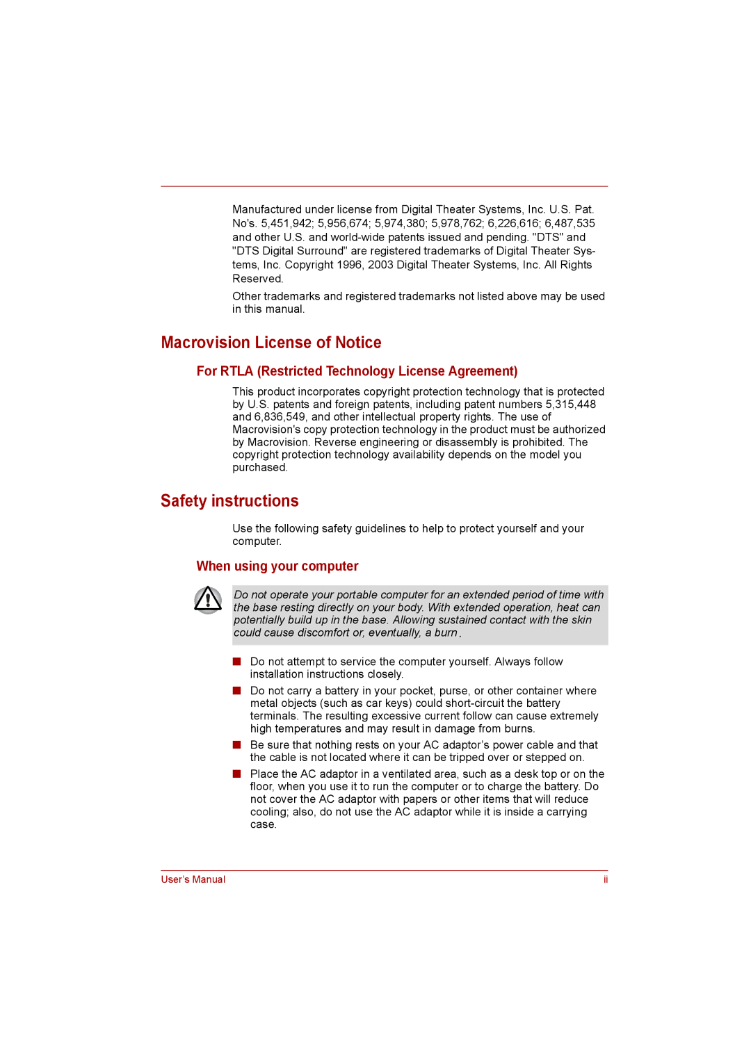 Toshiba Satellite Macrovision License of Notice, Safety instructions, For Rtla Restricted Technology License Agreement 