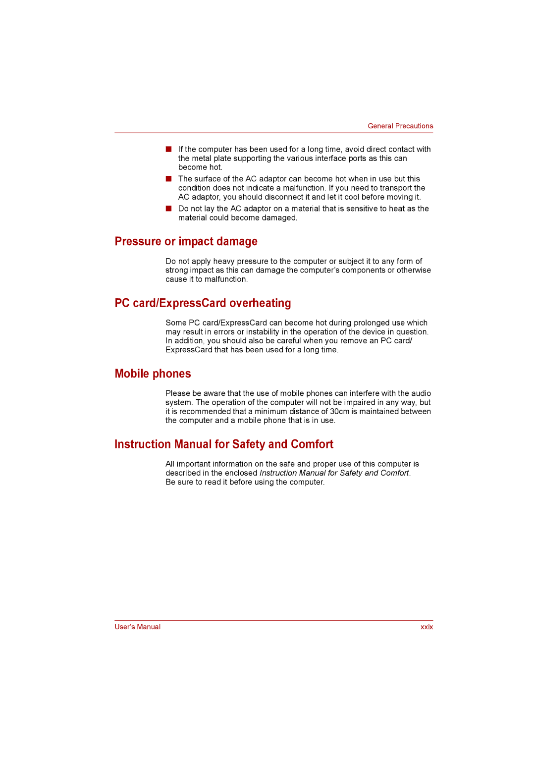 Toshiba Satellite user manual Pressure or impact damage, PC card/ExpressCard overheating, Mobile phones 