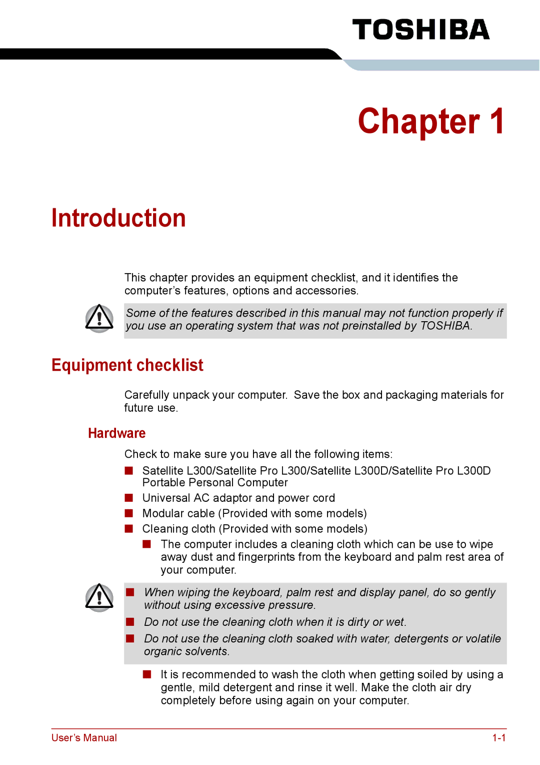 Toshiba Satellite user manual Introduction, Equipment checklist, Hardware 