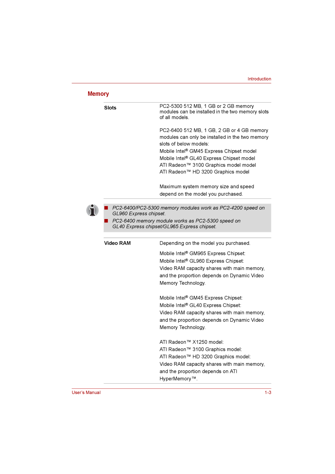 Toshiba Satellite user manual Memory, Slots, Video RAM 