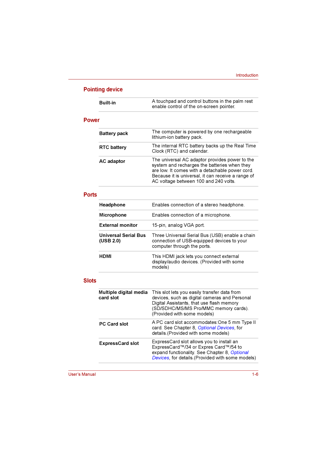 Toshiba Satellite user manual Pointing device, Power, Ports, Slots 