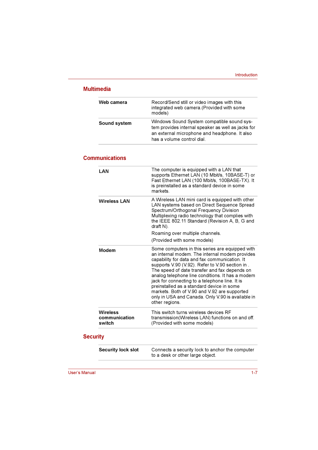 Toshiba Satellite user manual Multimedia, Communications, Security 