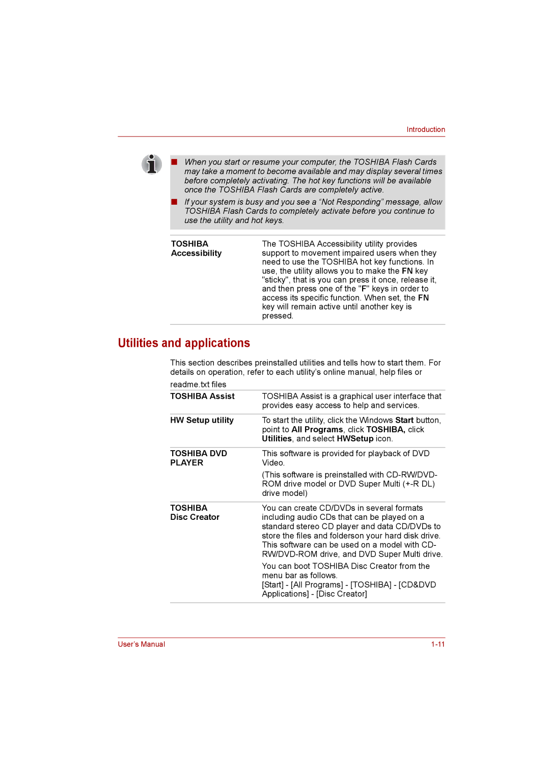 Toshiba Satellite user manual Utilities and applications, Accessibility, Toshiba Assist, HW Setup utility, Disc Creator 