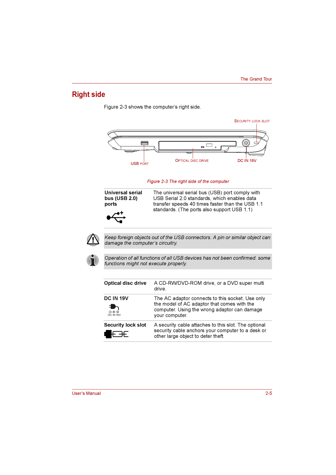 Toshiba Satellite user manual Right side, Optical disc drive 