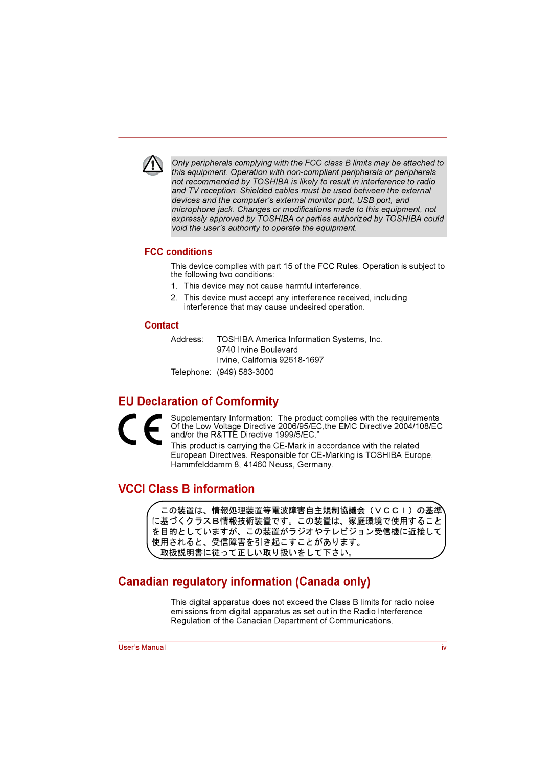 Toshiba Satellite EU Declaration of Comformity, Canadian regulatory information Canada only, FCC conditions, Contact 