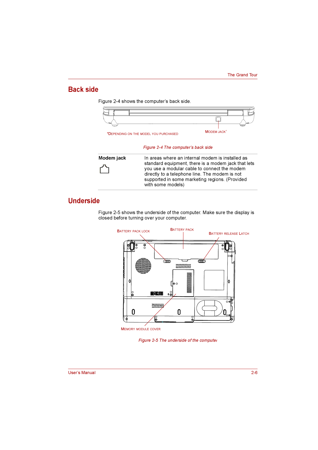 Toshiba Satellite user manual Back side, Underside 