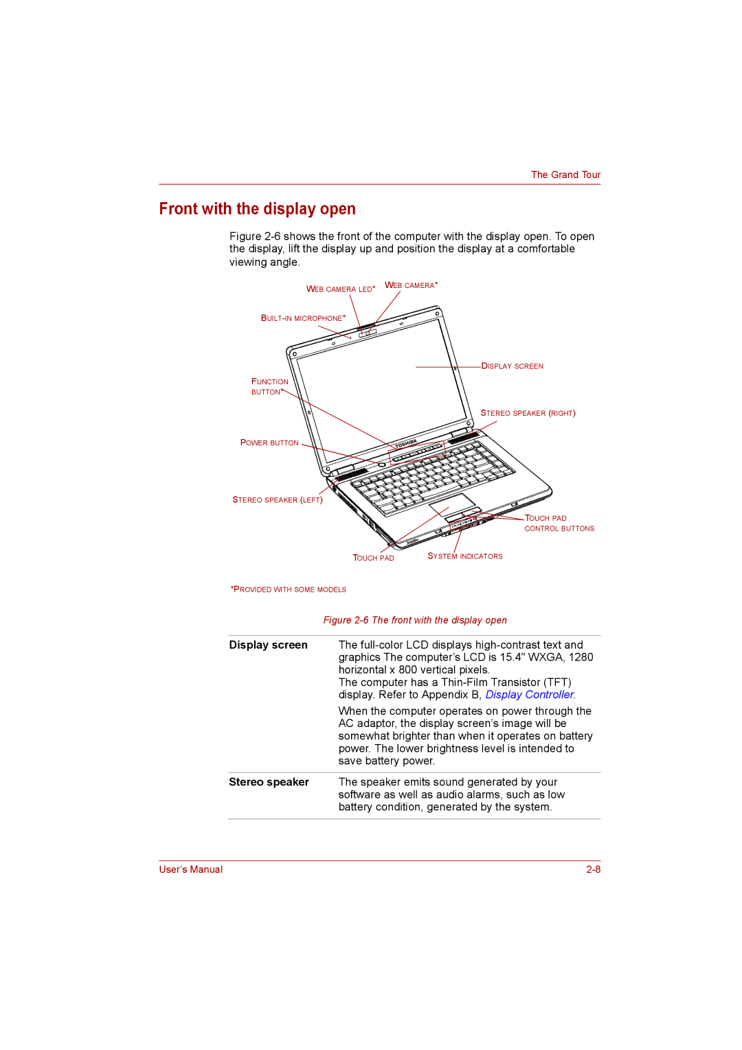 Toshiba Satellite user manual Front with the display open 