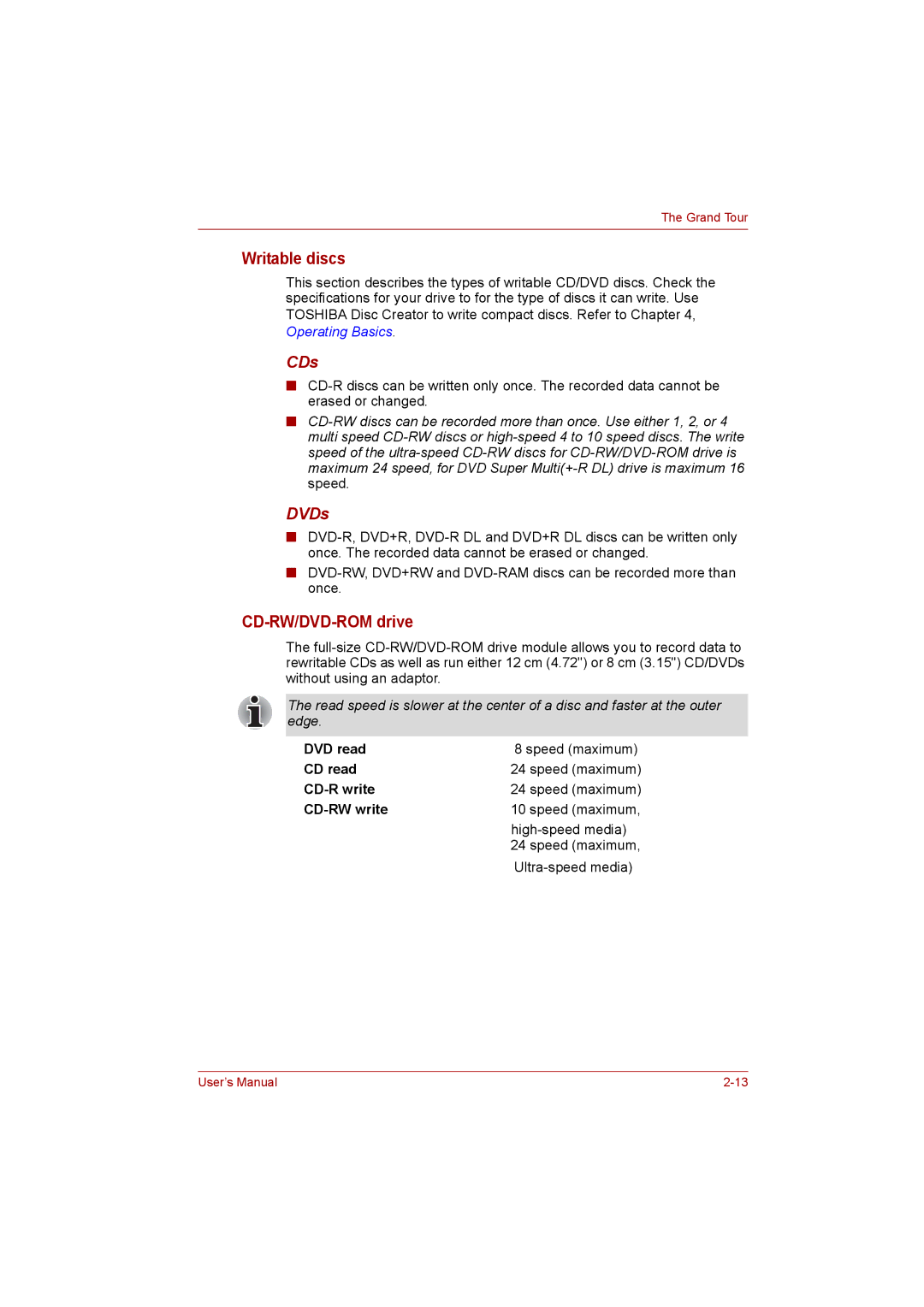 Toshiba Satellite user manual Writable discs, CD-RW/DVD-ROM drive, CDs, DVDs 