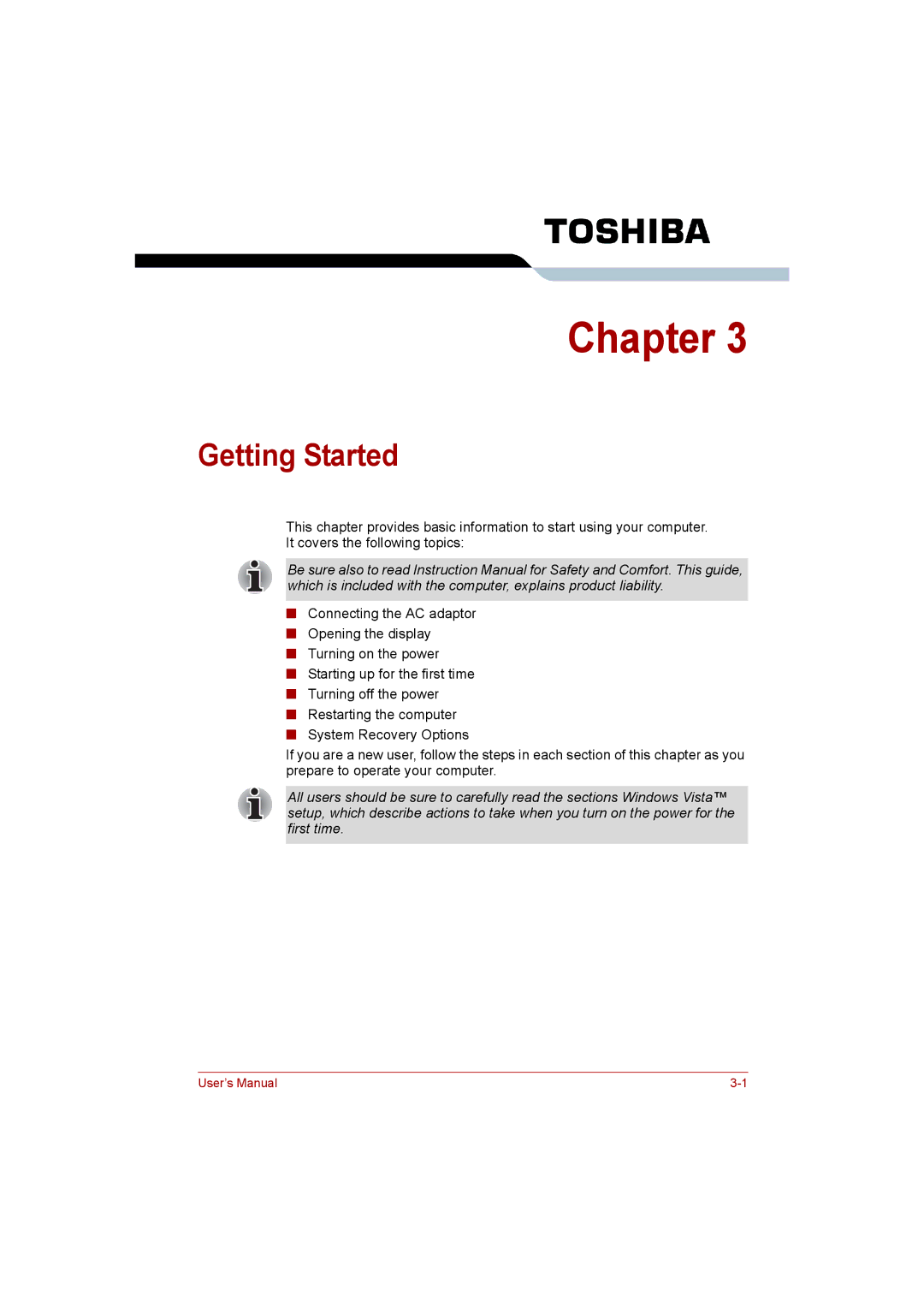 Toshiba Satellite user manual Getting Started 