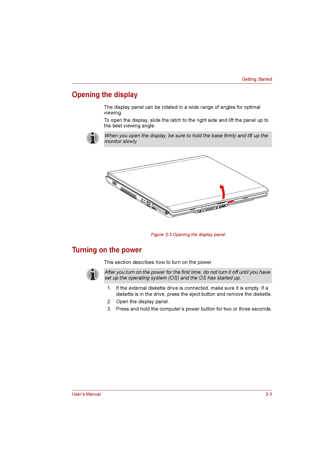 Toshiba Satellite user manual Opening the display, Turning on the power 