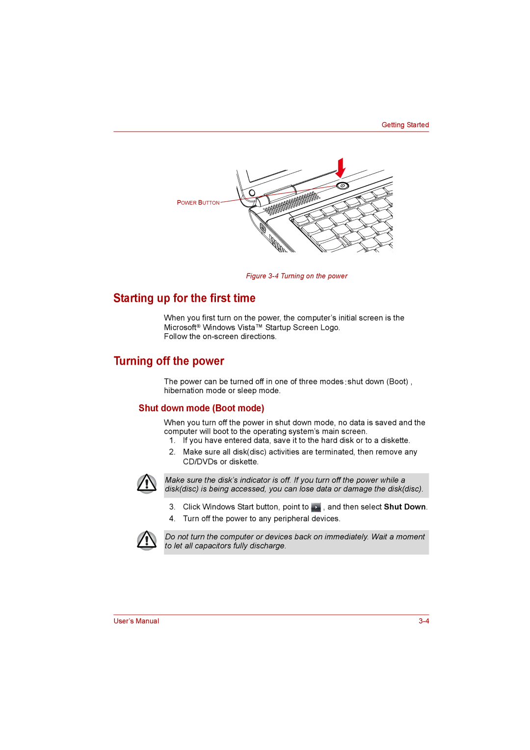 Toshiba Satellite user manual Starting up for the first time, Turning off the power, Shut down mode Boot mode 