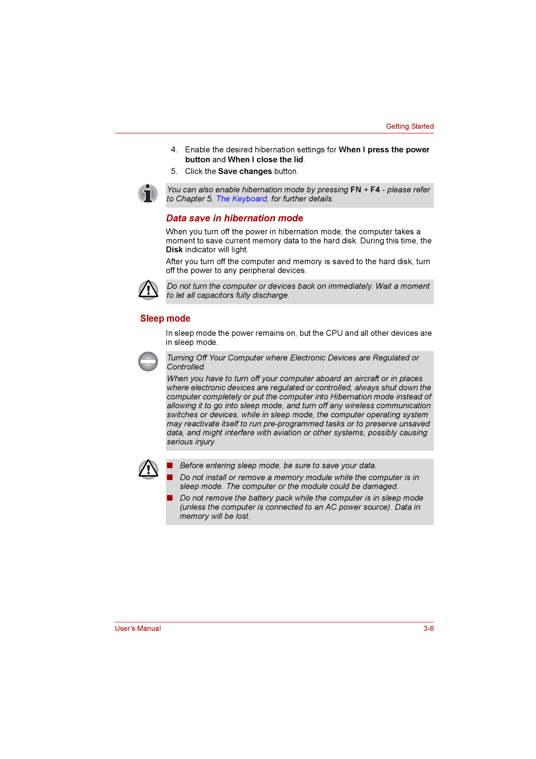 Toshiba Satellite user manual Sleep mode, Data save in hibernation mode 