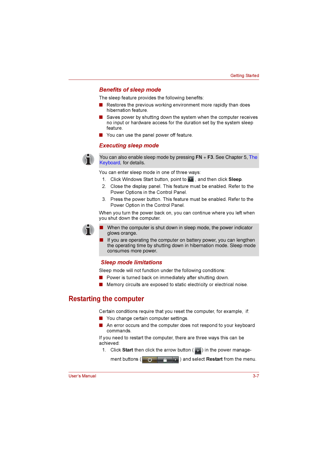 Toshiba Satellite user manual Restarting the computer, Benefits of sleep mode, Executing sleep mode, Sleep mode limitations 